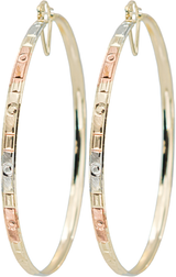 2.75" Inch Tribal Circle & Square Design Three Tri-Tone Rose Gold, Yellow Golden, & Silver Tone Hoop Earrings, Gold Plated