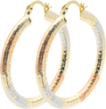 1.64 Inch Art Deco Diamond Laser Cut Texture Tri-Tone Rose Gold, Yellow Golden, & Silver Tone Hoop Earrings, Gold Filled Plated