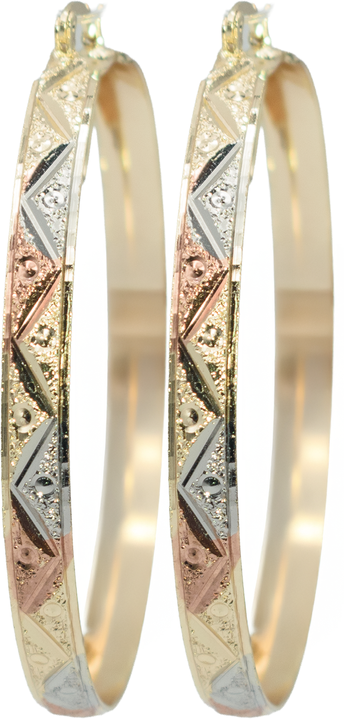 2.36" Inch Tribal Arrow Design Tri-Tone Rose Gold, Yellow Golden, & Silver Tone Sparkly Glitter Hoop Earrings, Gold Plated