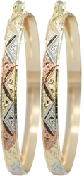 2.36" Inch Tribal Arrow Design Tri-Tone Rose Gold, Yellow Golden, & Silver Tone Sparkly Glitter Hoop Earrings, Gold Plated