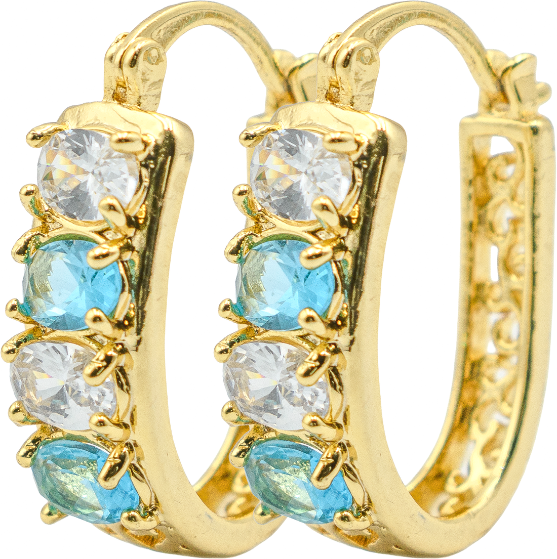 1" Inch Oval Hoop Earrings, 18K Yellow Gold Filled, Aqua Turquoise Light Blue CZ Cubic Zirconia