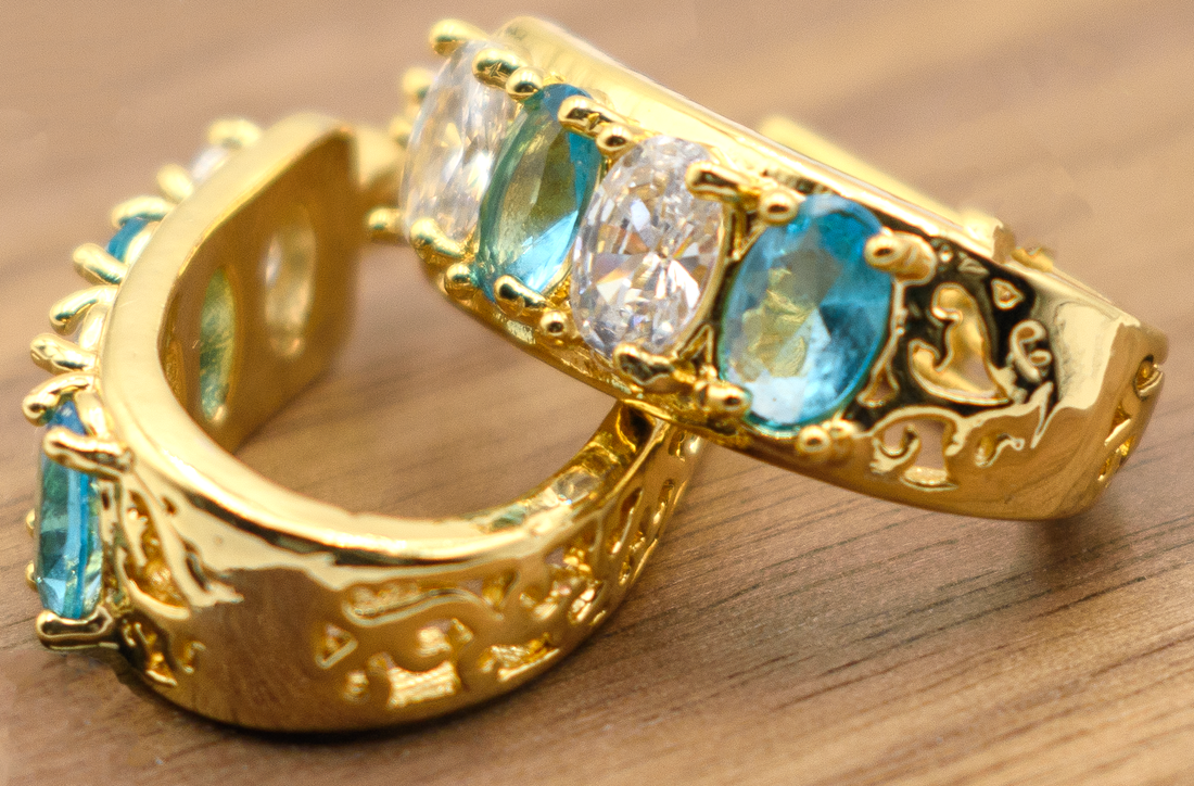 1" Inch Oval Hoop Earrings, 18K Yellow Gold Filled, Aqua Turquoise Light Blue CZ Cubic Zirconia