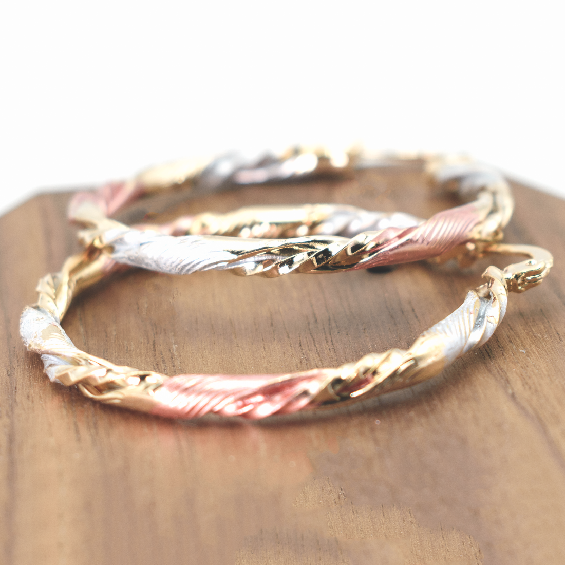 1.50" Twisted Rope Vintage Retro Wave Tri-Tone Rose Gold, Yellow Golden, & Silver Tone Hoop Earrings, Gold Filled Plated