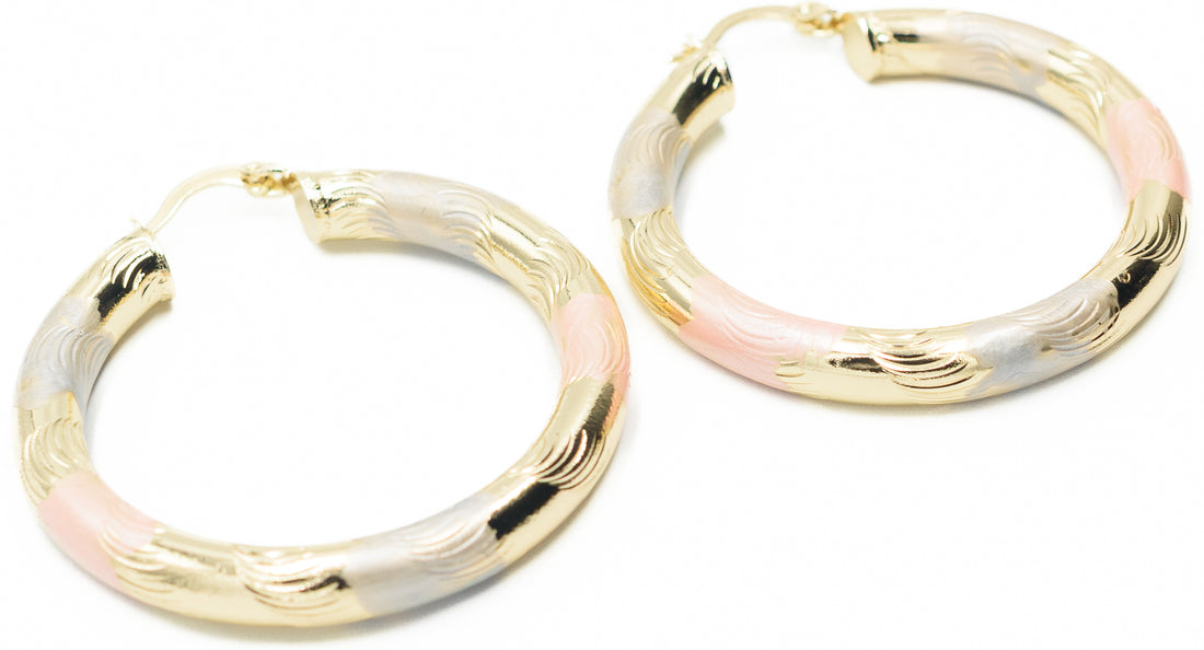 1.61 Art Deco Tri-Tone Rose Gold, Yellow Golden, & Silver Tone Hoop Earrings, Gold Filled Plated