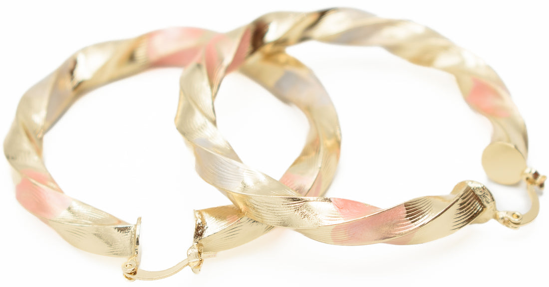 Tri Tone Three Color Hoops: Rose Gold, Silver & Yellow Gold Earrings (2.20" Twist)