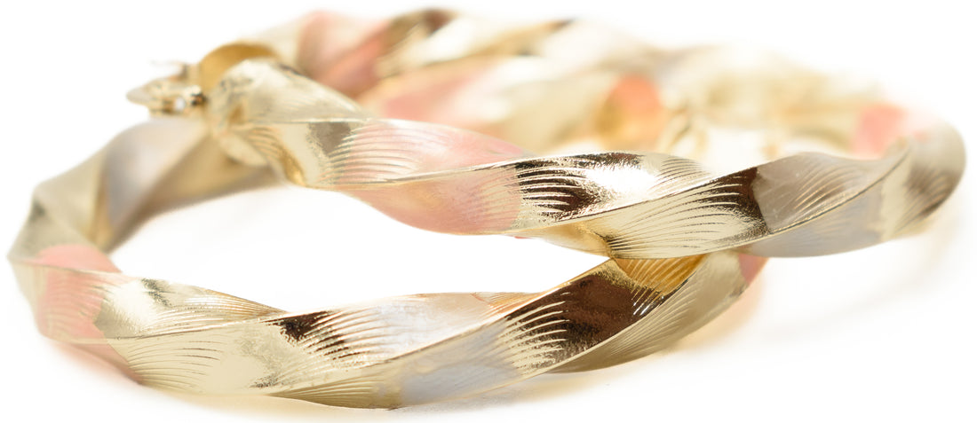 Tri Tone Three Color Hoops: Rose Gold, Silver & Yellow Gold Earrings (2.20" Twist)