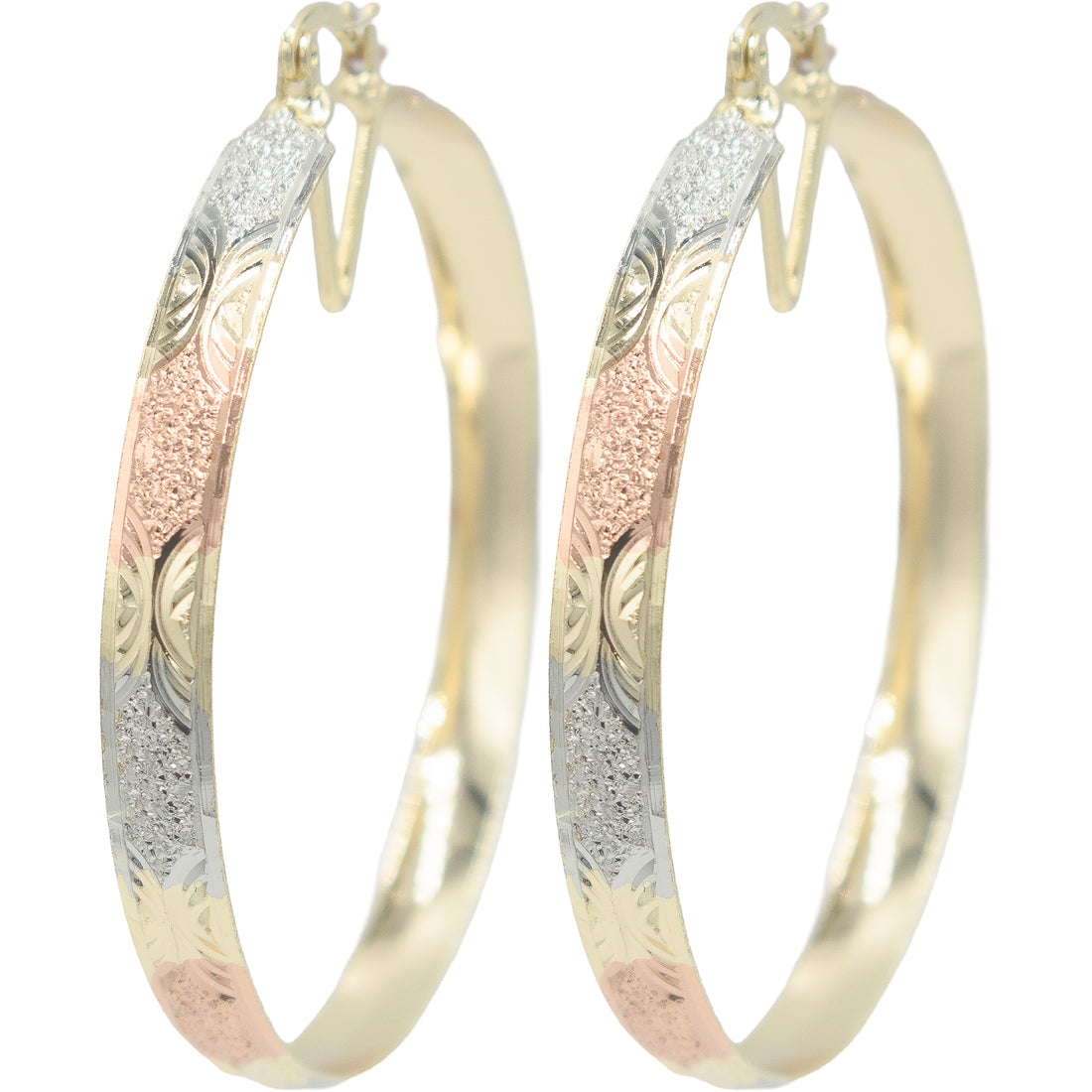 2.14" Starburst Swirl Wave Tri-Tone Rose Gold, Yellow Golden, & Silver Tone Hoop Earrings, Gold Filled Plated