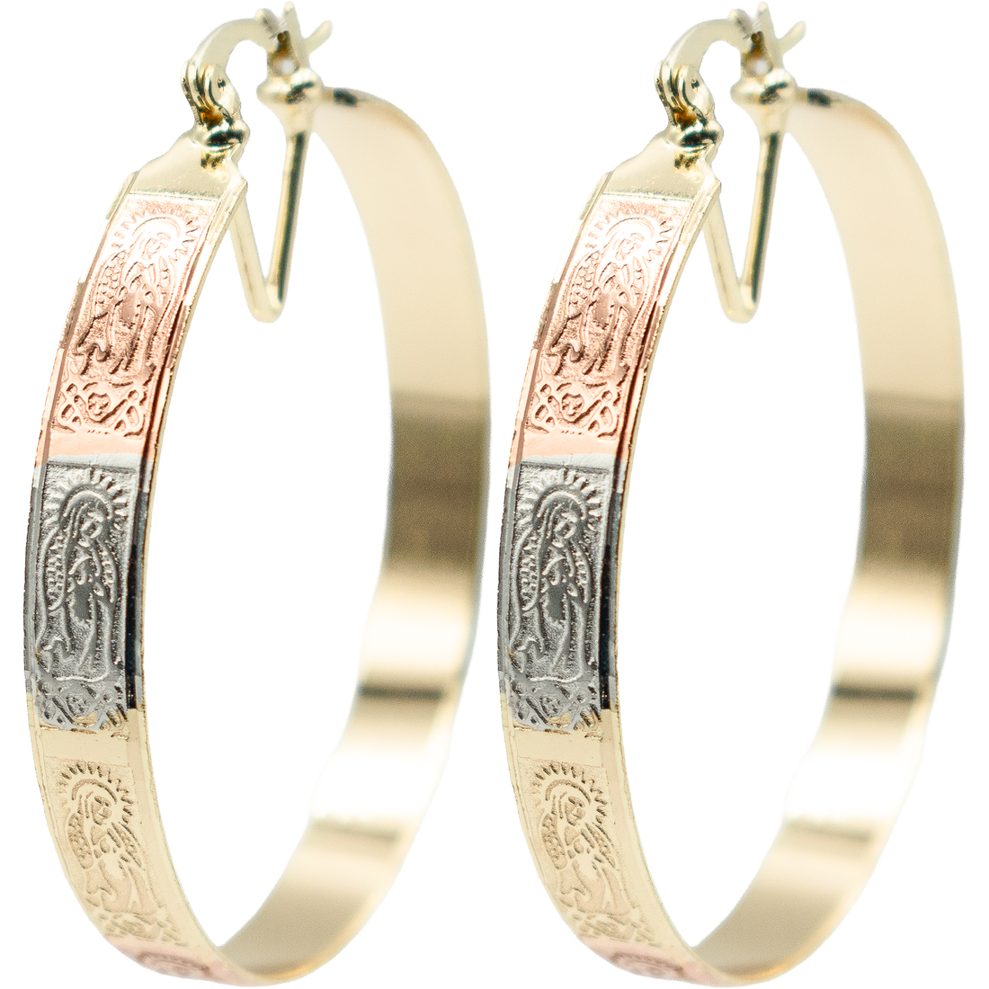 1.81 Inch Virgin de Guadalupe Mother Mary Tri-Tone Rose Gold, Yellow Golden, & Silver Tone Hoop Earrings, Gold Filled Plated