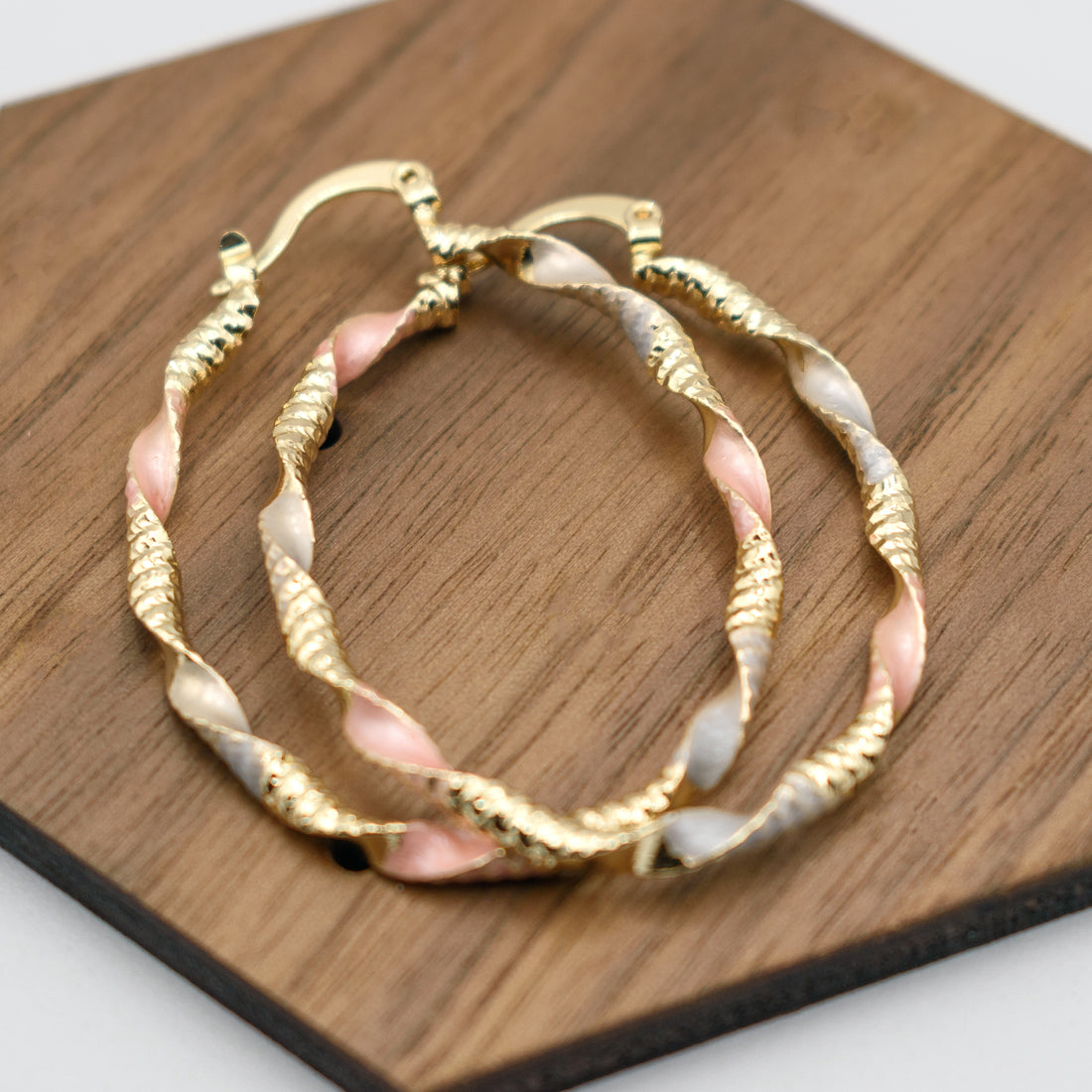 1.70" Oval Twisted Rope Vintage Retro Wave Tri-Tone Rose Gold, Yellow Golden, & Silver Tone Hoop Earrings, Gold Filled Plated
