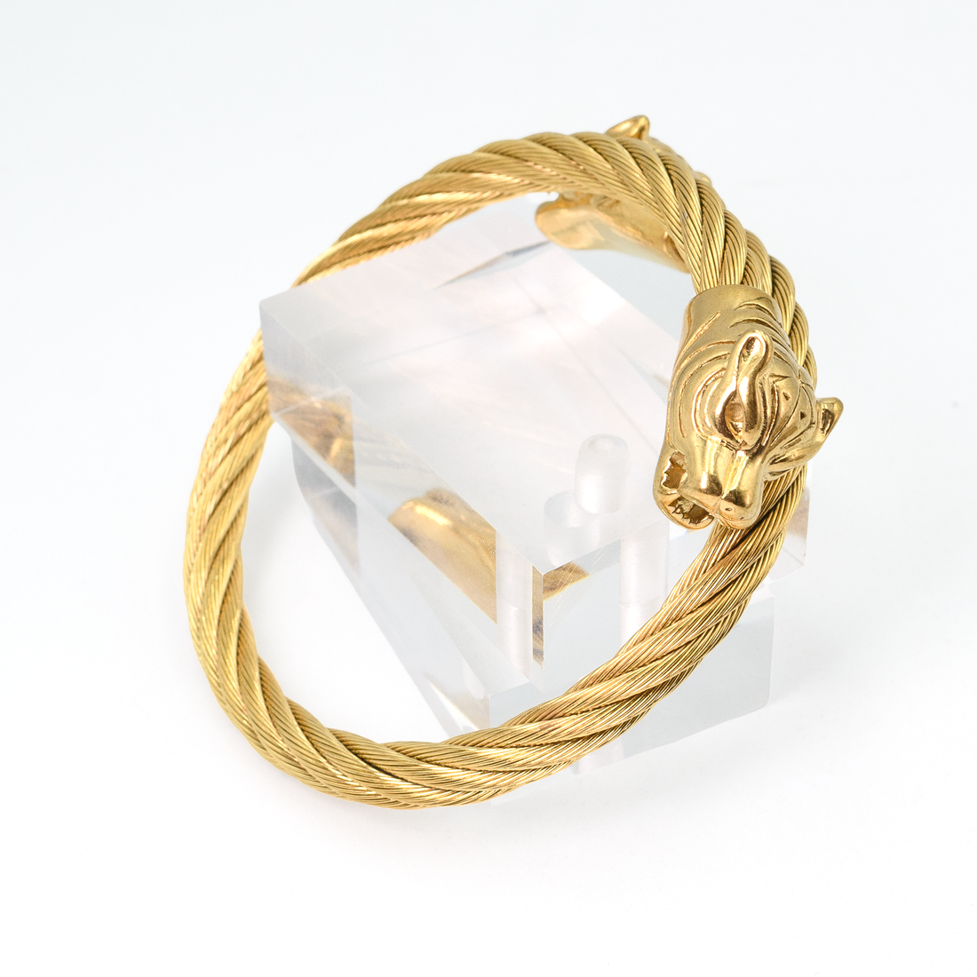 Pure Ziva Lion Head Cuff Bangle Bracelet, Stainless Steel, Yellow Gold, Open-End Twisted Cable Design