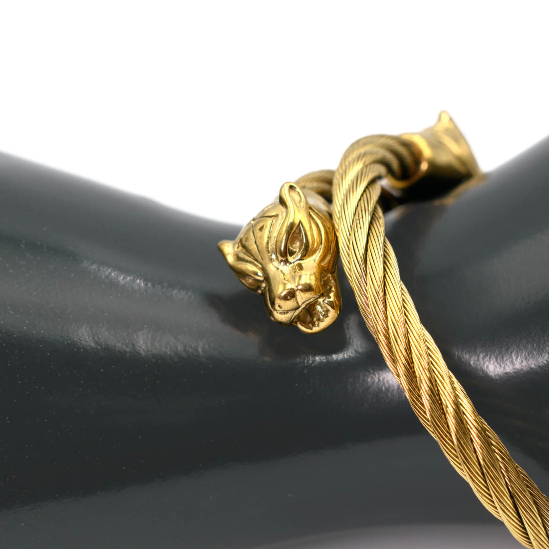 Pure Ziva Lion Head Cuff Bangle Bracelet, Stainless Steel, Yellow Gold, Open-End Twisted Cable Design