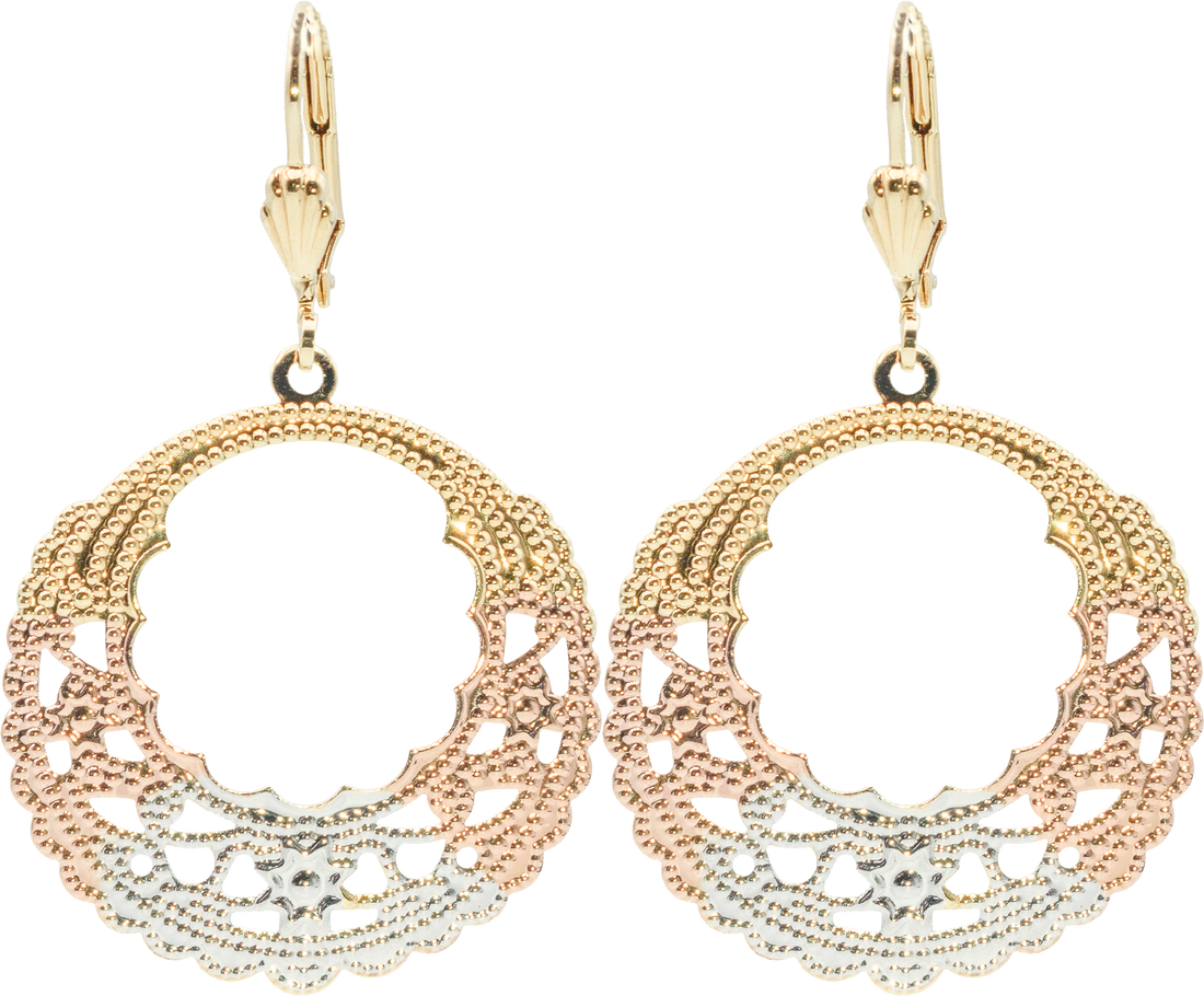 2 Inch Filigree Lace Hoop Earrings, Tri-Color Yellow Gold Rose Gold Silver, Leverback Closures