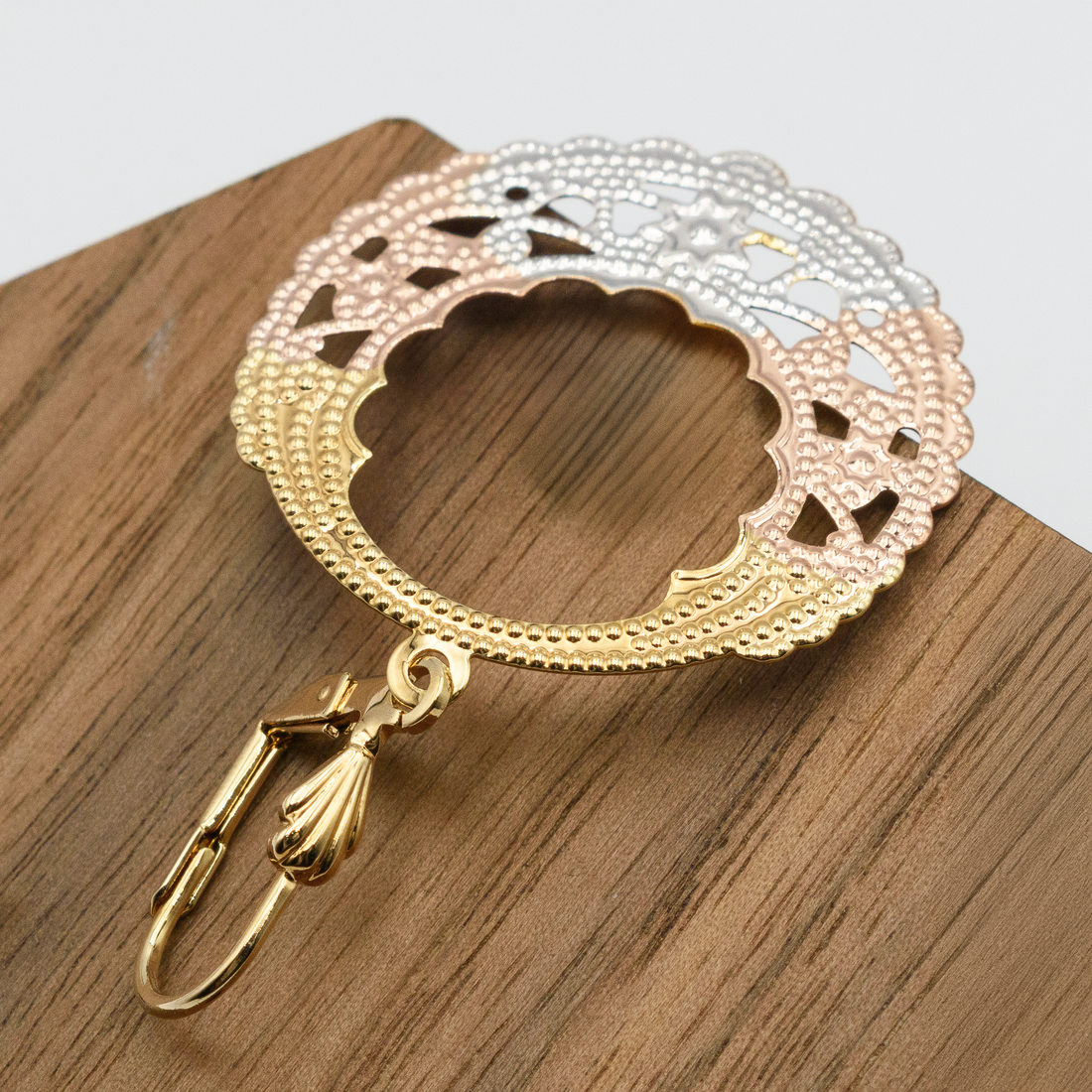 2 Inch Filigree Lace Hoop Earrings, Tri-Color Yellow Gold Rose Gold Silver, Leverback Closures