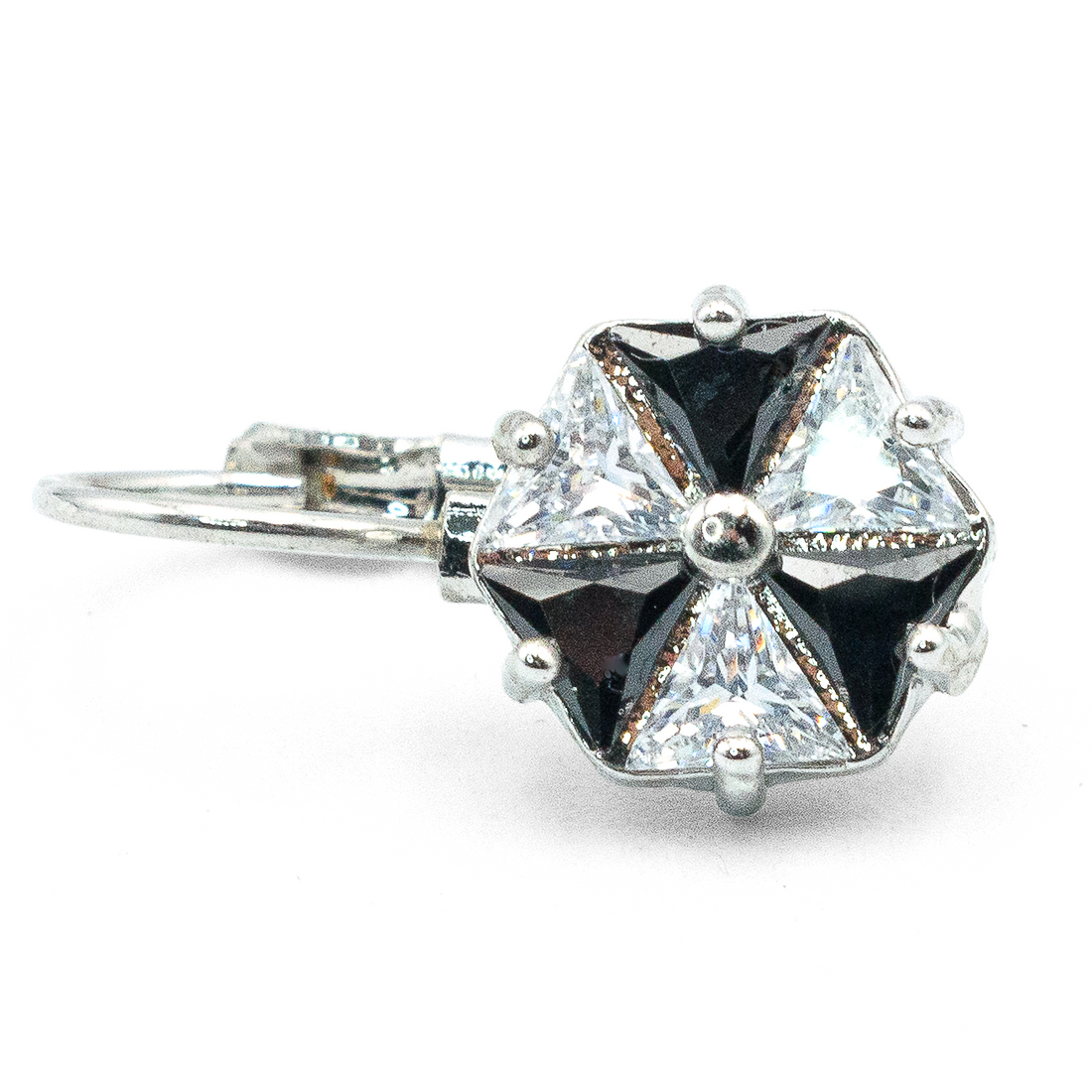 0.80" Inch Star & Flower Floral Black & White Cubic Zirconia CZ Dangle Drop Earrings, Bright Silver Rhodium Plating, Lever Back Closures