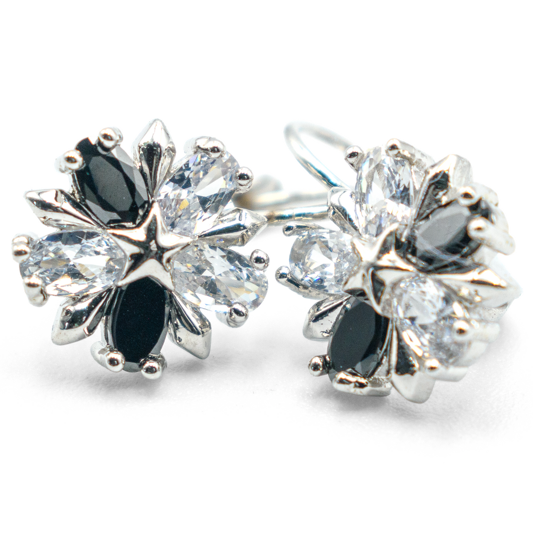0.80" Inch Star & Flower Floral Black & White Cubic Zirconia CZ Dangle Drop Earrings, Bright Silver Rhodium Plating, Lever Back Closures (Copy)