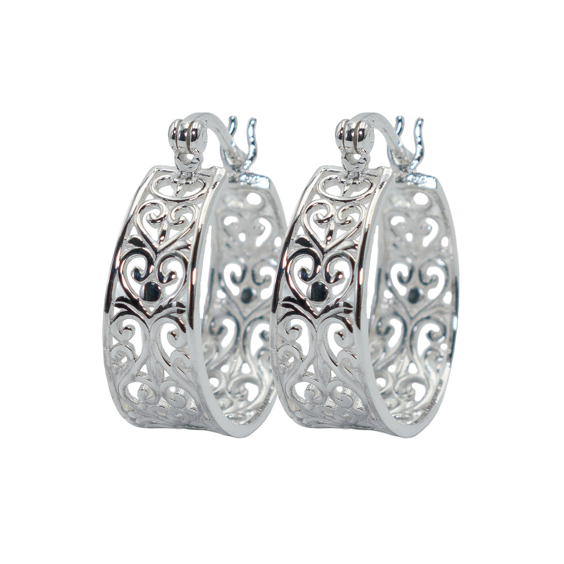 0.80" Inch Vintage Filigree Hoop Earrings, Openwork Chunky Mesh Filigree Heart Lace Design, Lightweight & Hypoallergenic, 925 Sterling Silver