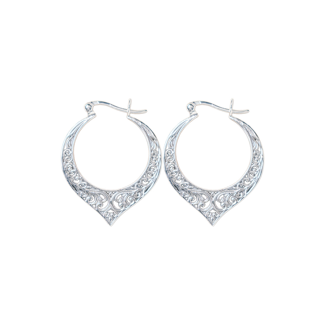 Sterling Silver Filigree Hoop Earrings, Vintage Style Openwork Design, Heart Details, 31mm