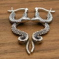 Rough Textured Snake Serpent Dangle Drop Earrings, 925 Sterling Silver, Hanging Rattlesnake Design, 1.45 Inch, Goth Punk Style