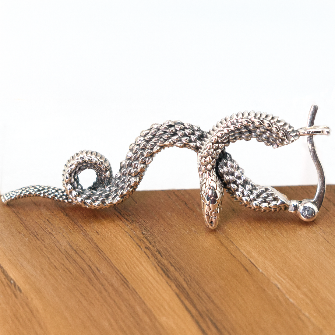 Rough Textured Snake Serpent Dangle Drop Earrings, 925 Sterling Silver, Hanging Rattlesnake Design, 1.45 Inch, Goth Punk Style