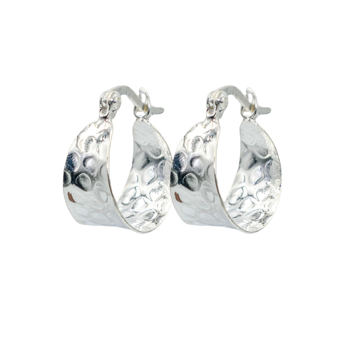 Classic Tapered Hammered Texture Huggie Hoop Earring, 925 Sterling Silver, Hinge With Notched Post, 0.90 Inch