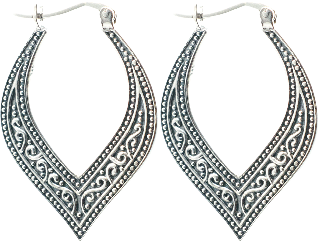 Filigree Antique Vintage Marquise Sterling Silver Statement Hoop Earrings, 32mm, 925 Sterling Silver, Casted Oxidized Style
