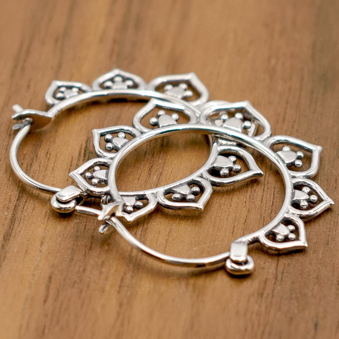 Bali Boho Lotus Flower Hoop Earrings in 925 Sterling Silver, 25mm, Bohemian Style