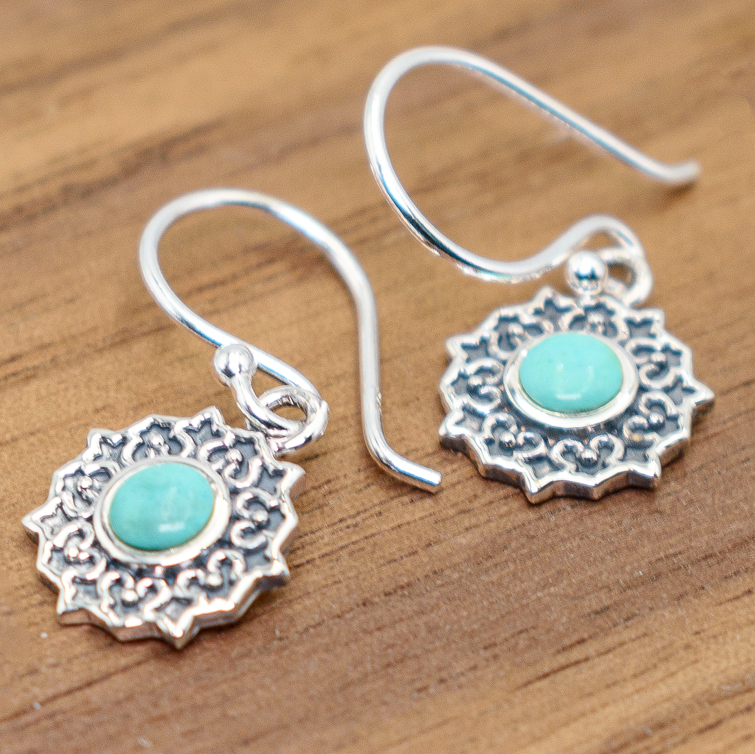 Mandala Flower Floral Sterling Silver Filigree Vintage Dangle Earrings, 22mm, Turquoise Stone, Bali Balinese Style Design