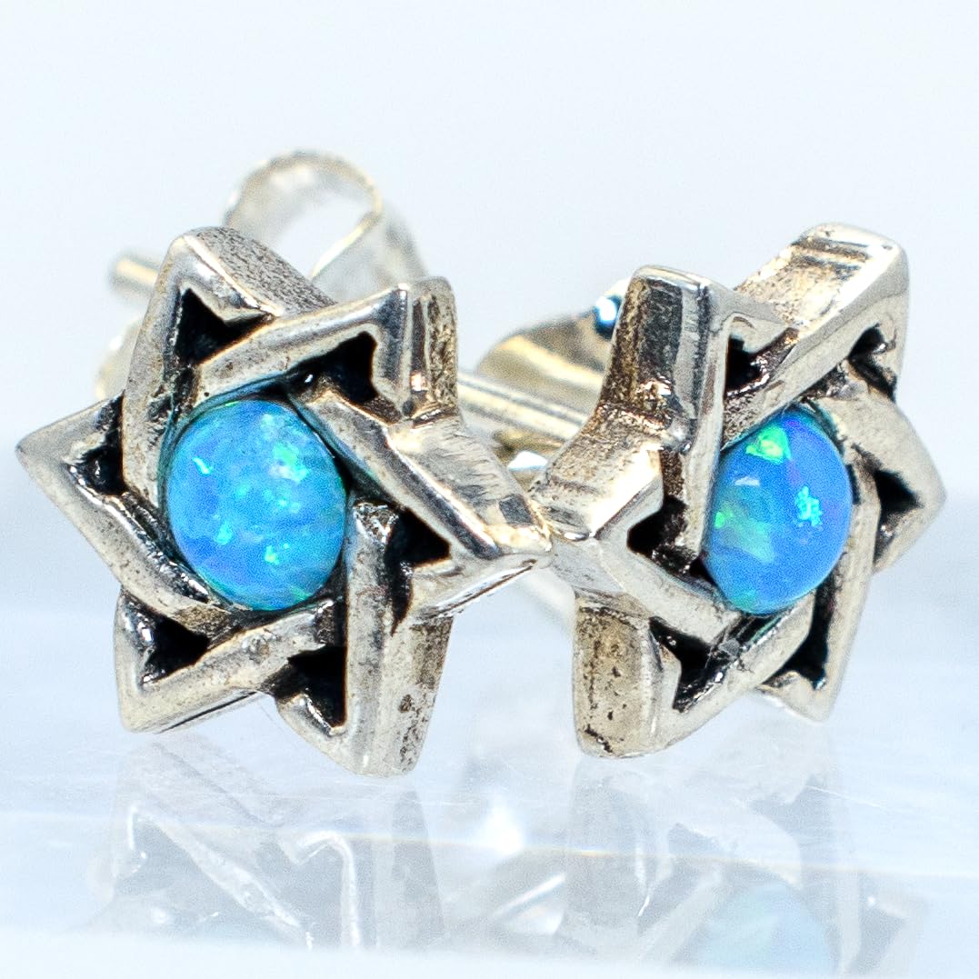 8.5mm Classic Star of David Jewish Judaism Hanukkah Religious Jewelry Cubic Zirconia CZ Crystal Stud Earrings, Blue Opal, 925 Sterling Silver