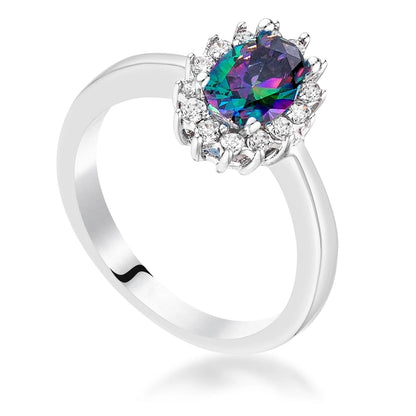 Beautiful Oval Created Mystic Rainbow Topaz & Halo Side Accents Cubic Zirconia Cubic Zirconia CZ Engagement Ring, Size 5