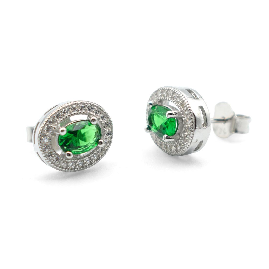 Sterling Silver Oval Green Emerald CZ Stud Earrings, Halo Design, 0.40 Inch, Simulated Gemstone