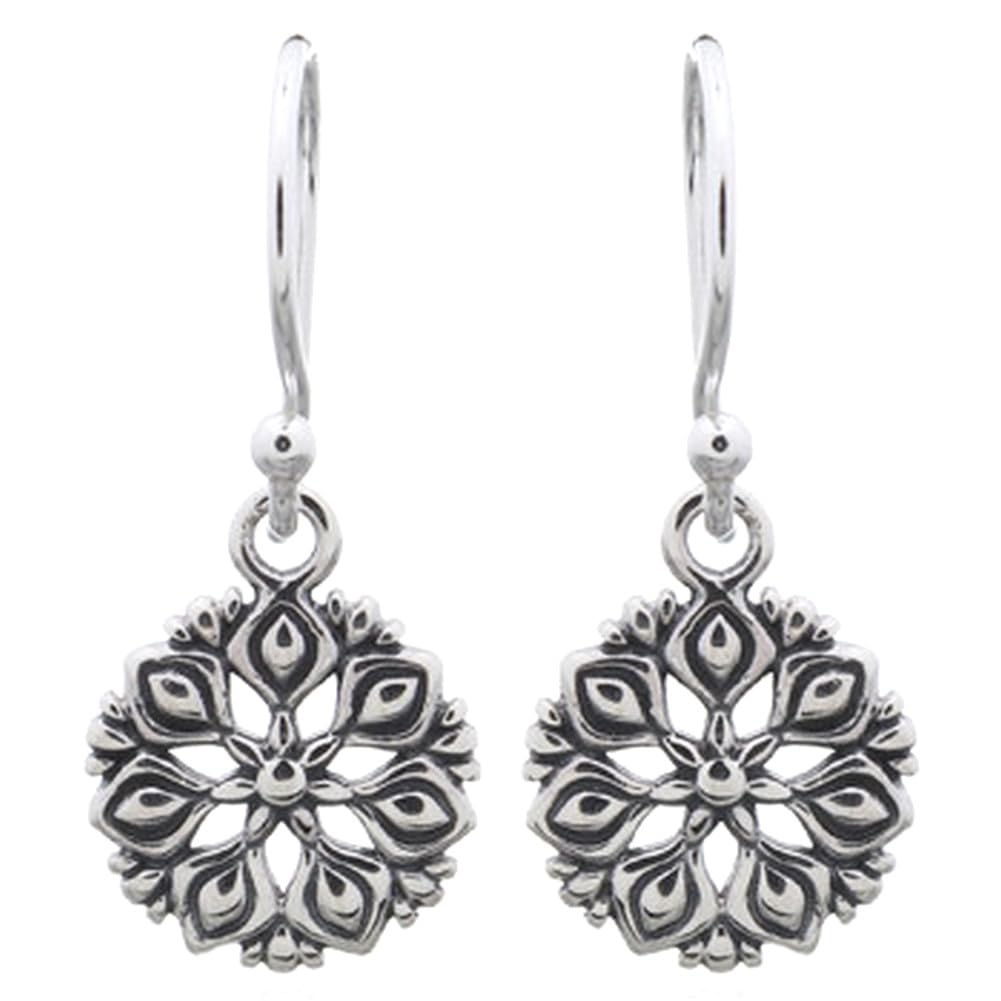 Boho Vintage Antique Oxidized Flower Floral Filigree Dangle Drop Earrings, Fish Hook Backings, 925 Sterling Silver, 22mm