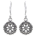 Boho Vintage Antique Oxidized Flower Floral Filigree Dangle Drop Earrings, Fish Hook Backings, 925 Sterling Silver, 22mm