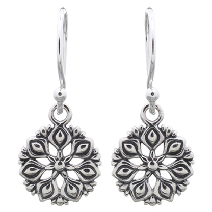 Boho Vintage Antique Oxidized Flower Floral Filigree Dangle Drop Earrings, Fish Hook Backings, 925 Sterling Silver, 22mm