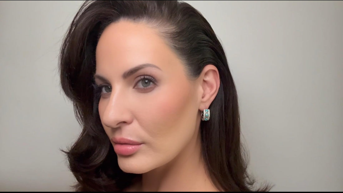 0.80" Inch Simulated Turquoise & White Cubic Zirconia CZ Filigree Lace Huggie Hoop Earrings, Bright Silver Rhodium Plating