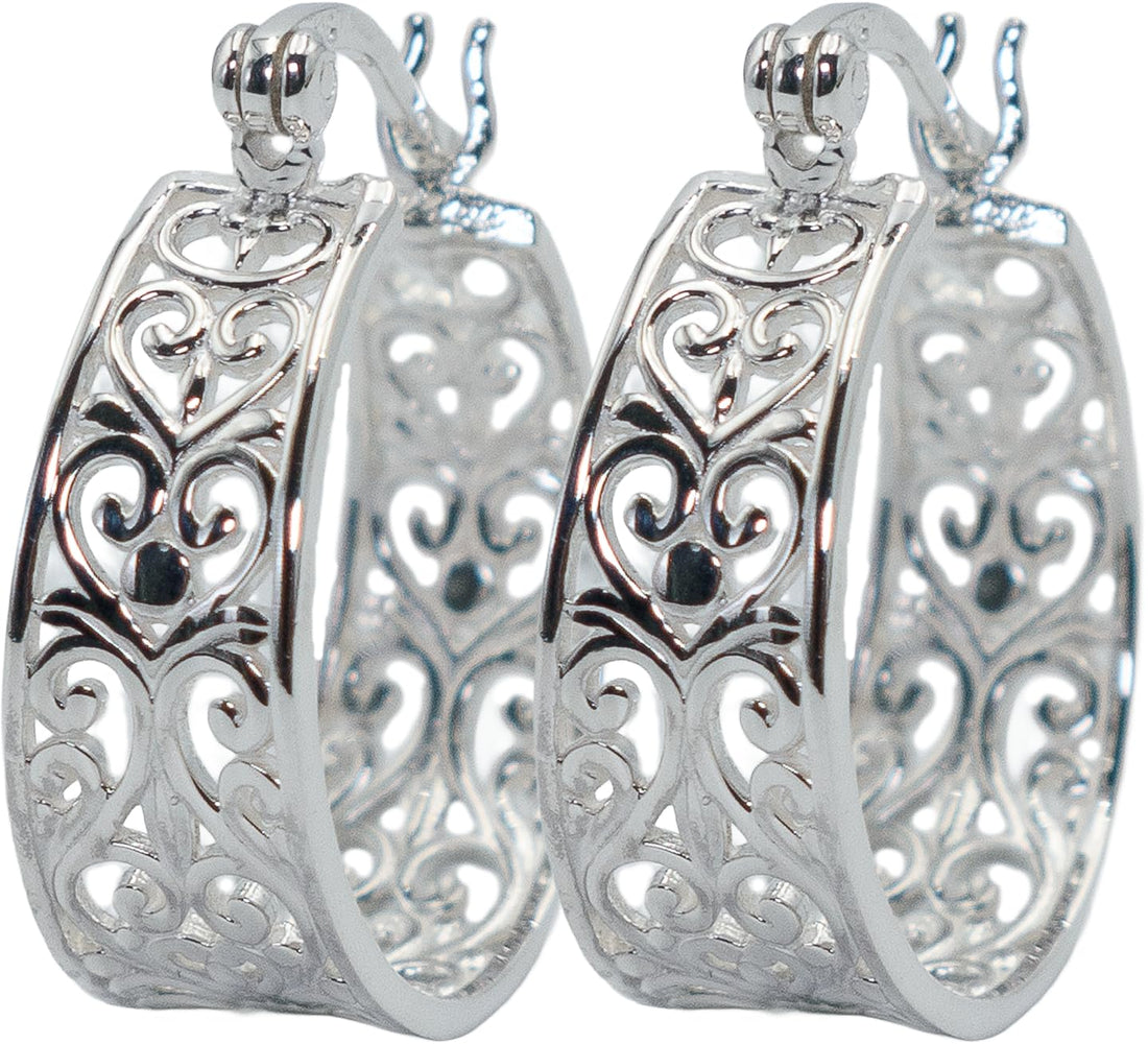 0.80" Inch Vintage Filigree Hoop Earrings, Openwork Chunky Mesh Filigree Heart Lace Design, Lightweight & Hypoallergenic, 925 Sterling Silver