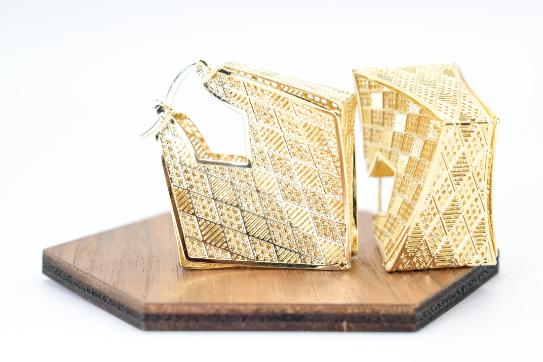 1.75" Inch Geometric Trapezoid Hollow Lace Cut Out Chunky Hoop Earrings, 18k Yellow Gold Filled, Hinge Post