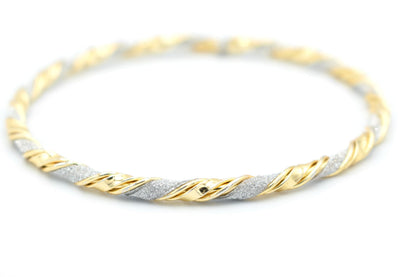 Beautiful Mixed Texture Twisting and Sparkling Bangle Cuff Bracelet, Two Tone Yellow Gold Filled & Silver, 2.5" Inch Diameter