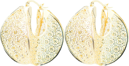 1.6" Inch Flower Floral Lace Hollow Chunky Yellow Gold Filled Chunky Hoop Earrings, Hinge Post