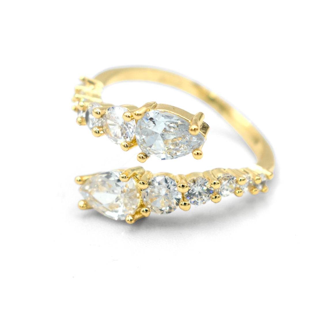 Adjustable Bypass Mixed Cut CZ Engagement Ring, Yellow Gold Filled Metal, Round & Pear Shaped Cubic Zirconia