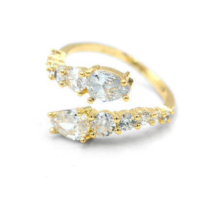 Adjustable Bypass Mixed Cut CZ Engagement Ring, Yellow Gold Filled Metal, Round & Pear Shaped Cubic Zirconia