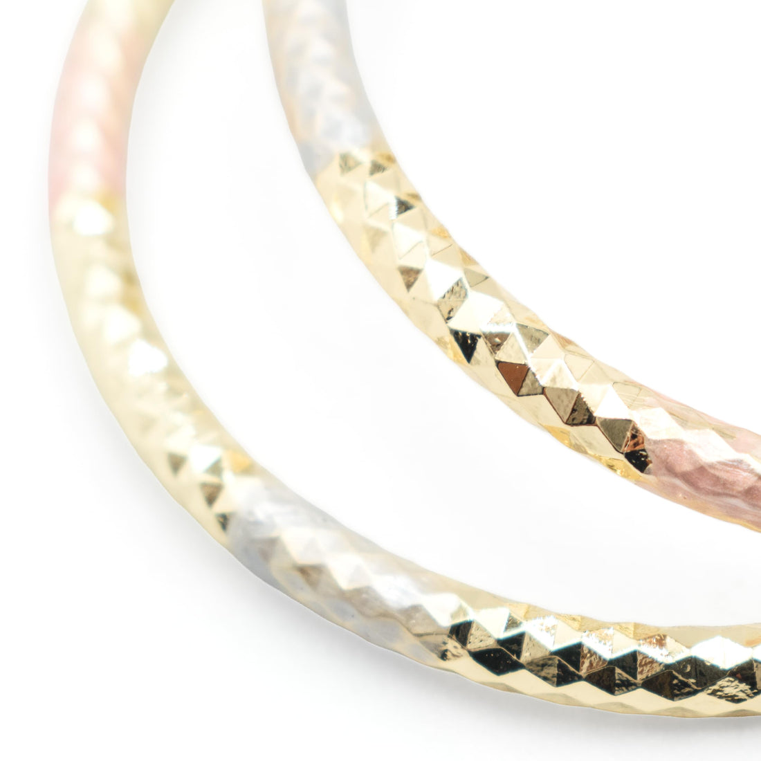 1.75" Sparkly Diamond Cut Texture Tri-Tone Rose Gold, Yellow Golden, & Silver Tone Hoop Earrings, Gold Plated