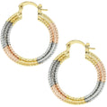 Sparkly Shiny Tri-Tone 18k Yellow Gold, Rose Gold and Sterling Silver Plated Filled Textured Design Hoop Earrings for Women, Hinge with Notched Post