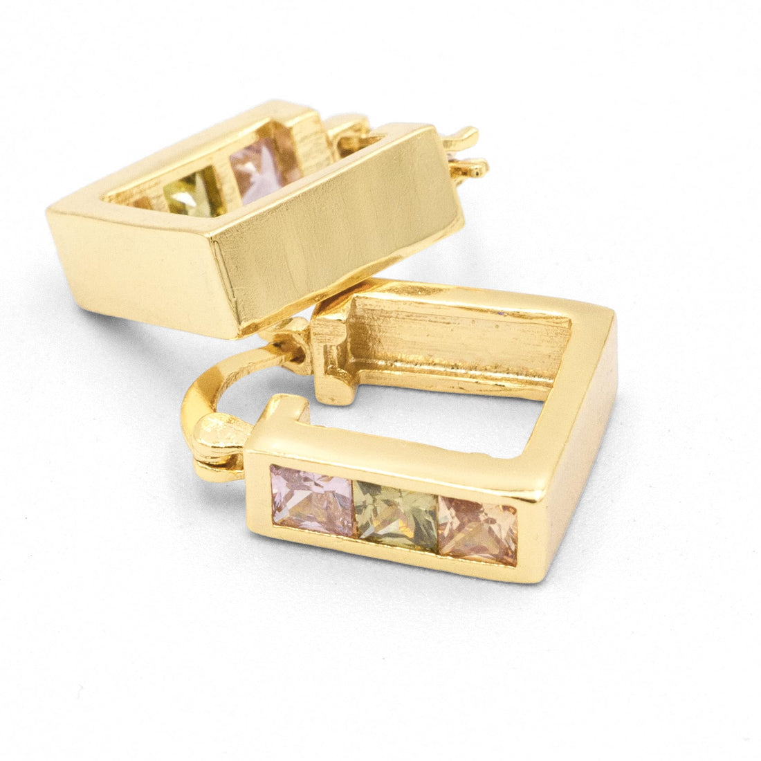 0.62 Inch Multicolored Pink, Green & Yellow CZ Cubic Zirconia Stones, Square Huggie Hoop Earring for Women, 18k Yellow Gold Filled Plated