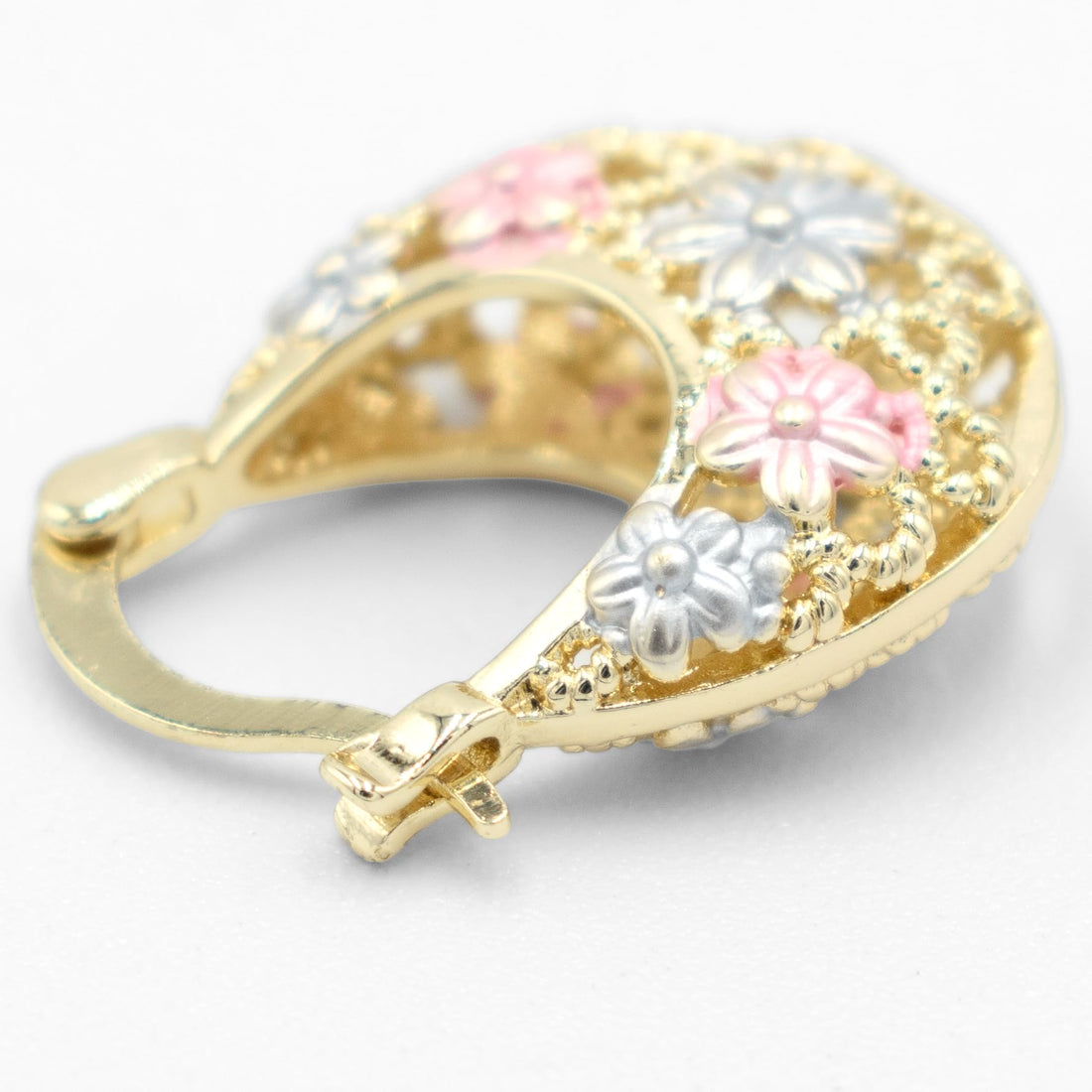 0.80 Filigree Lace Hollow Pink & Purple Flower Floral Cut Out Hoop Earrings, 18k Yellow Gold Filled