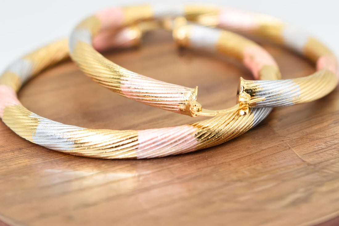 Tri-Tone Hoop Earrings, 2.32 Inch Textured Twisted Design, 18k Gold Filled Plated, Painted Rose Gold Yellow Gold Silver Tone