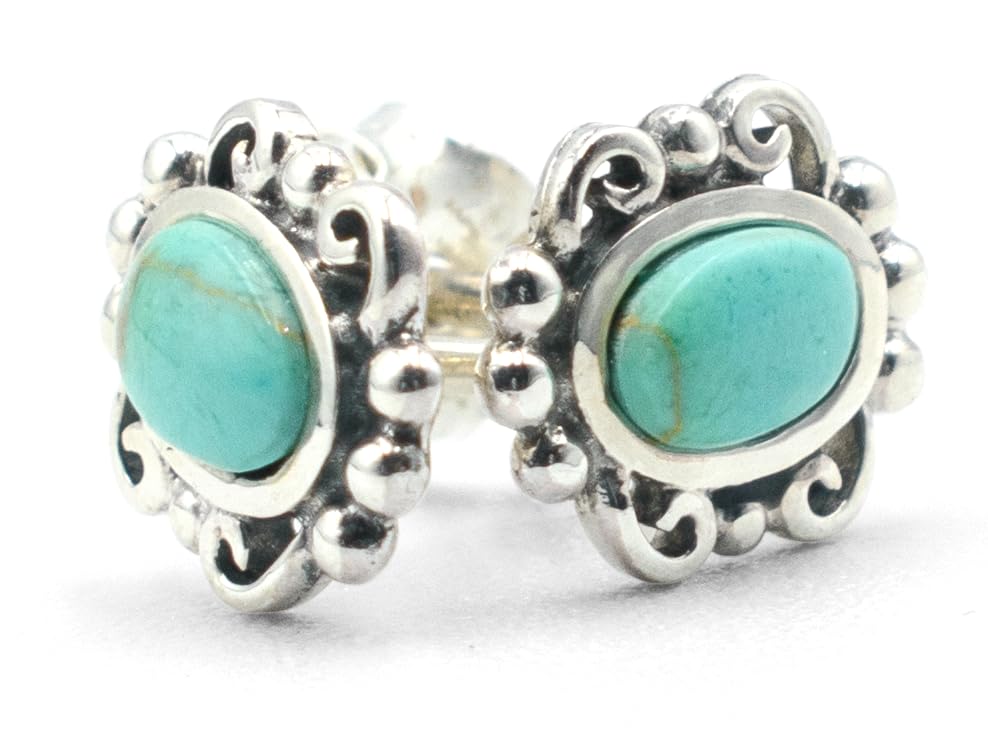 Pure Ziva Sterling Silver Turquoise Oval Stud Earrings, Vintage Filigree Design, 0.35 Inch