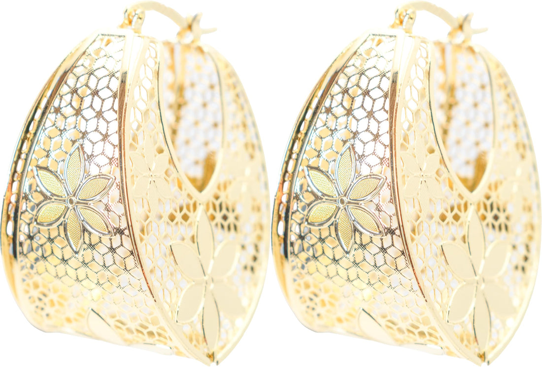 1.75" Inch Oval Flower Floral Lace Hollow Chunky Yellow Gold Filled Chunky Hoop Earrings, Hinge Post
