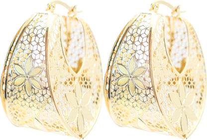 1.75" Inch Oval Flower Floral Lace Hollow Chunky Yellow Gold Filled Chunky Hoop Earrings, Hinge Post
