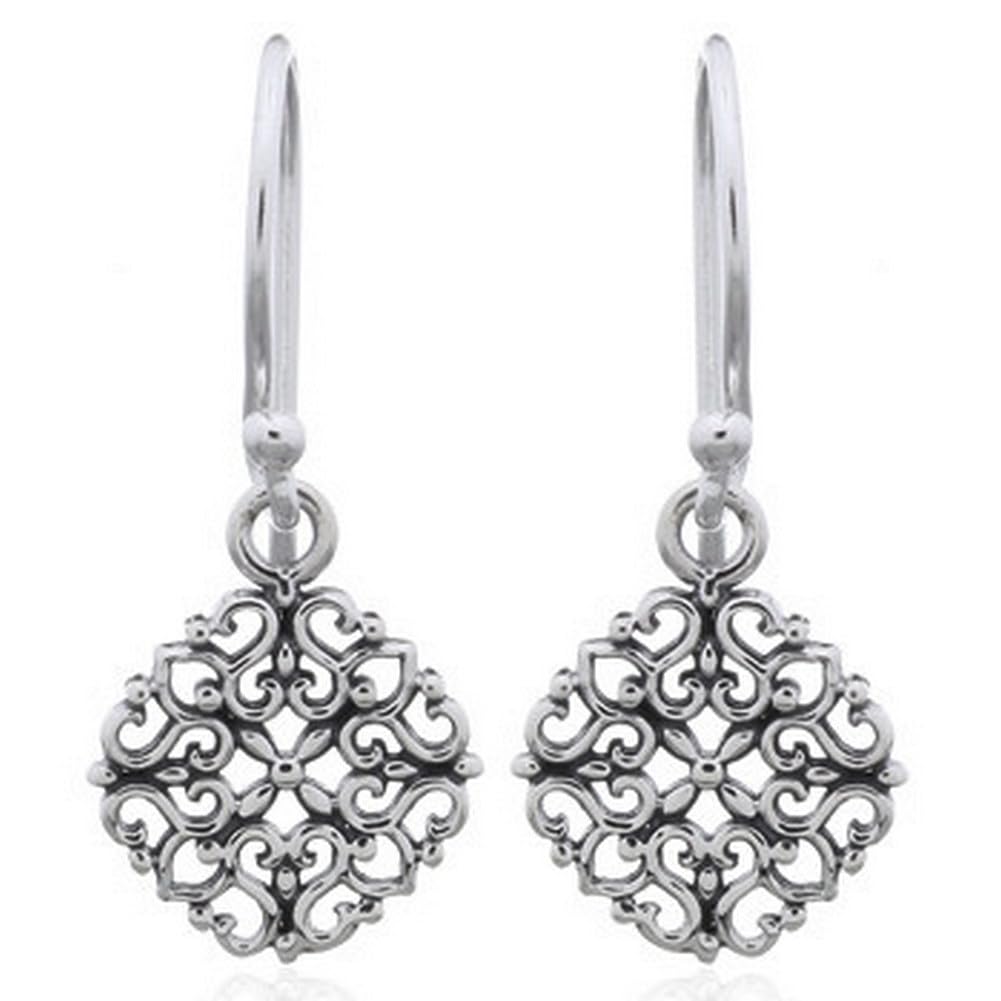 Vintage Filigree Boho Bohemian Floral Flower Dangle Drop Earrings, 925 Sterling Silver, 0.90" Inch