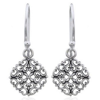 Vintage Filigree Boho Bohemian Floral Flower Dangle Drop Earrings, 925 Sterling Silver, 0.90" Inch